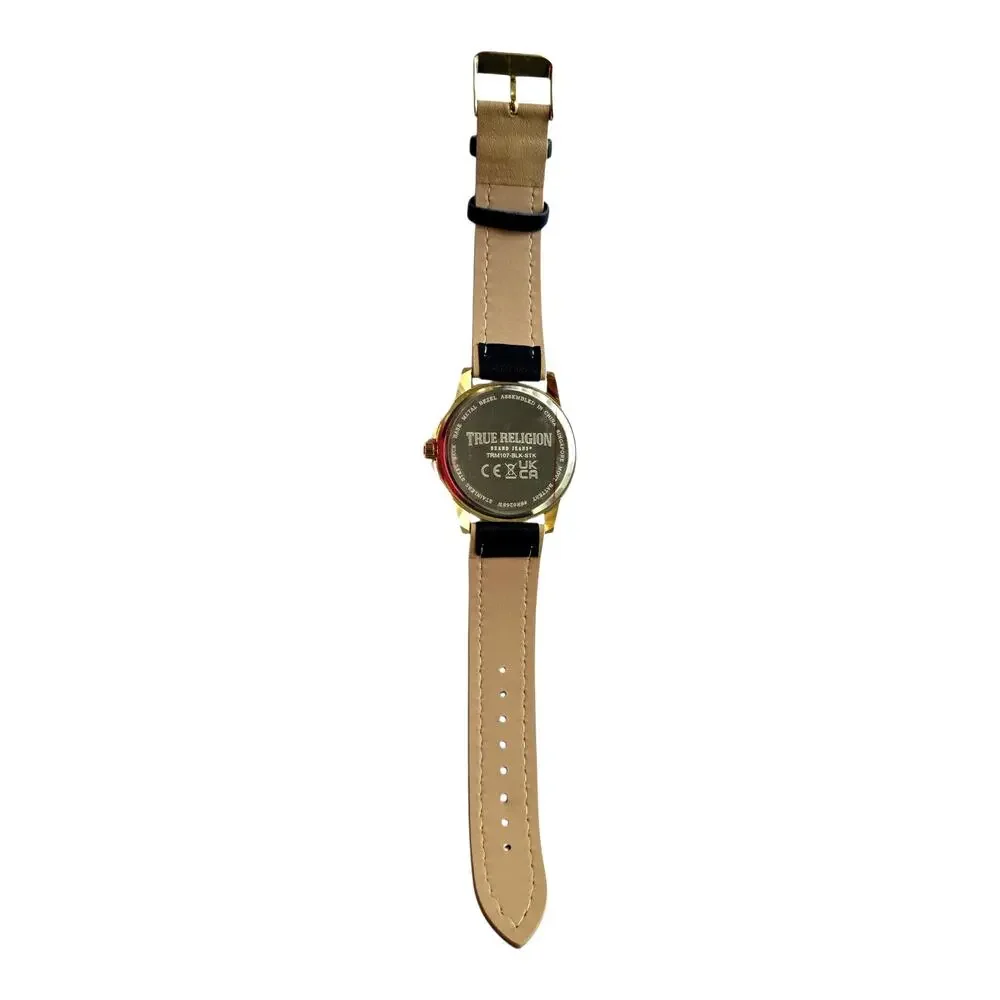 True Religion Men’s Watch Black Gold Dial TRM107 Analog Leather Strap Fashion